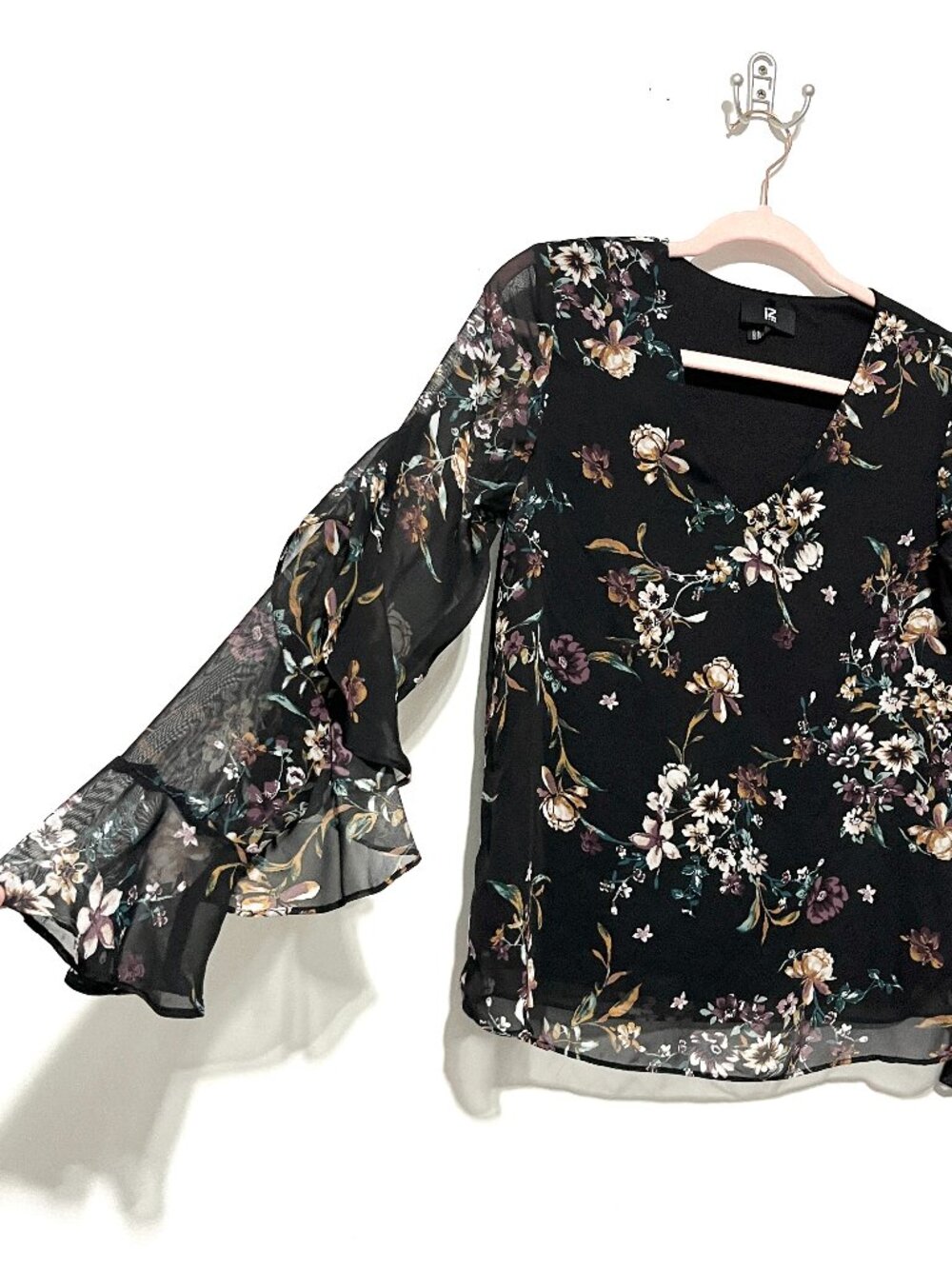Womens Sheer Ruffle Sleeve Chiffon Top S Dark Floral Whimsigoth Fairy Grunge